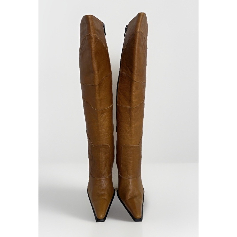 Vintage Wild Orchid Cognac Leather Wavy Patch Stitch Knee High Boots Y2K Size 10 - Picture 3 of 15